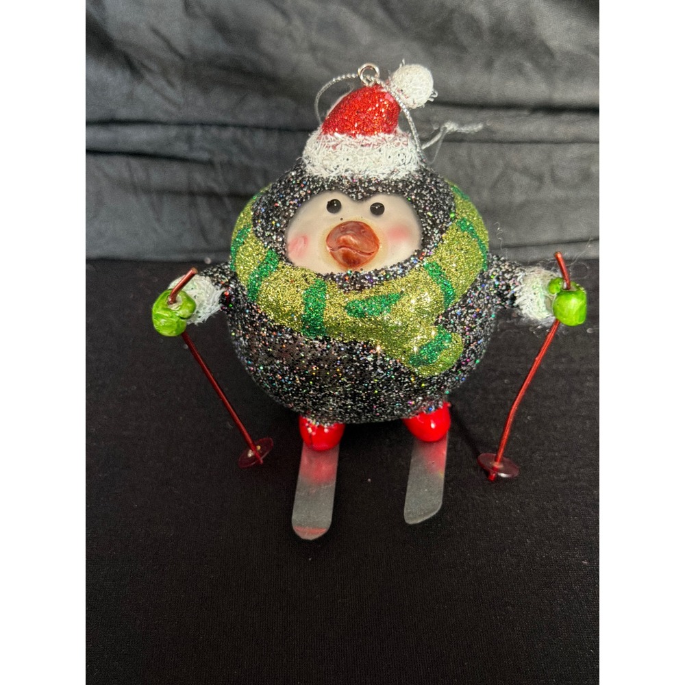 Pier 1 Glitter Penguin Skiing Christmas Ornament Santa Hat Scarf Winter Decor